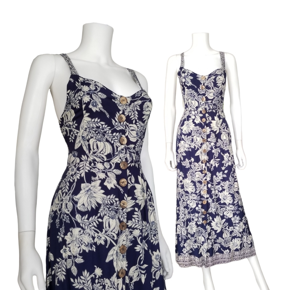 Navy Blue Tropical Floral Print Sun Dress S Angie Rayon Hawaiian Maxi Dress